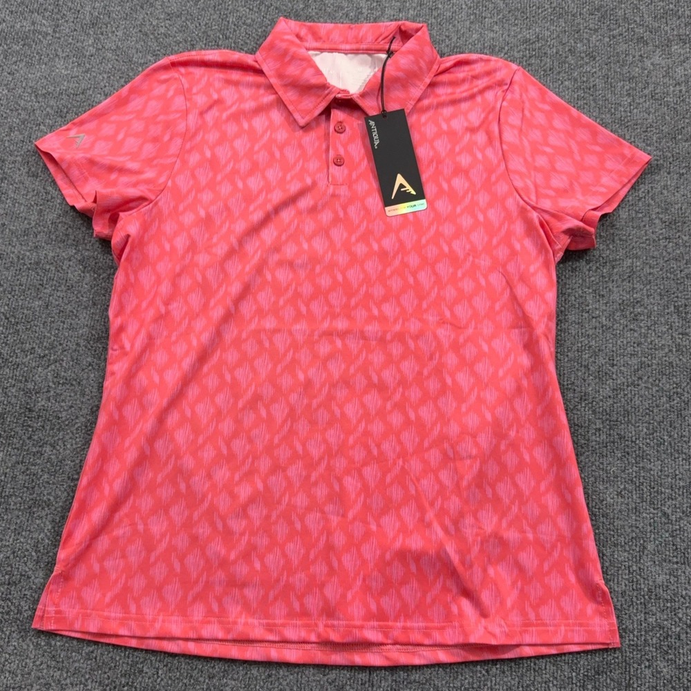 Antigua Center Polo Women M Pink Ikat Print Short Sleeve Golf Top Athleisure